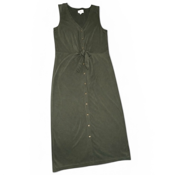 Lou & Grey Olive Gray Modal Blend Button Front Midi Dress Tie Waist Size Small - Picture 2 of 8